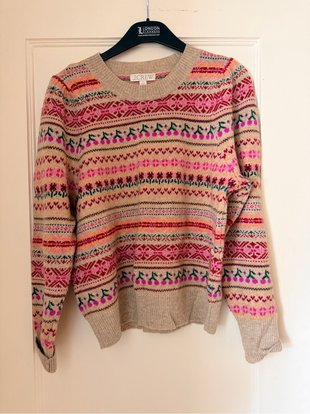 J. Crew Beige Crewneck Sweater with Pink & Green Fair Isle